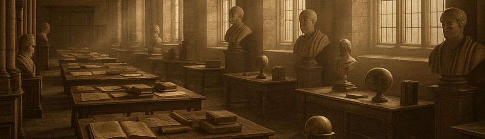 Venerable university study hall with vaulted ceilings, ancient wooden tables stacked with Latin and Greek manuscripts, shafts of dusty light illuminating marble busts, all in sepia tones evoking a sense of profound academic tradition.