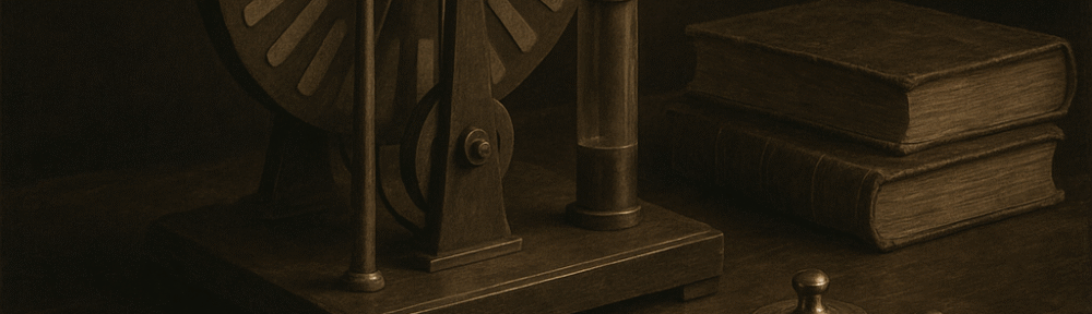 Photo-realistic, sepia-toned image of an ornate, old laboratory table displaying vintage scientific instruments like a Wimshurst machine, glass prism, and brass weights under dim, scholarly lighting.