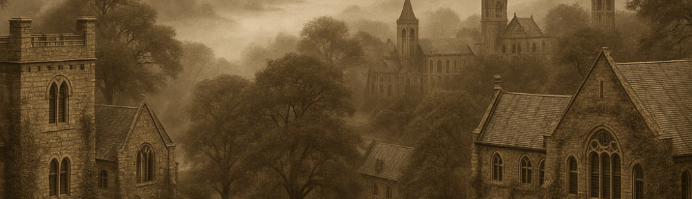 A tall, sepia-toned corridor lined with shelves of antique maps, globes, and geological specimens; light spills from high arched windows above, conveying a sense of venerable study and cosmic wonder.