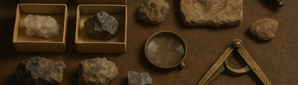 A balanced, close-up view of a weathered geology lab table holding a collection of mineral samples, fossil fragments, and old brass scientific tools, with atmospheric shadows cast across the worn wood.