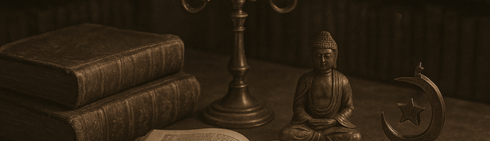 Close-up of a weathered wooden study table in an old library, arranged with ancient sacred texts, a tarnished brass candelabrum, and curious relics from multiple world religions, all in sepia tones.