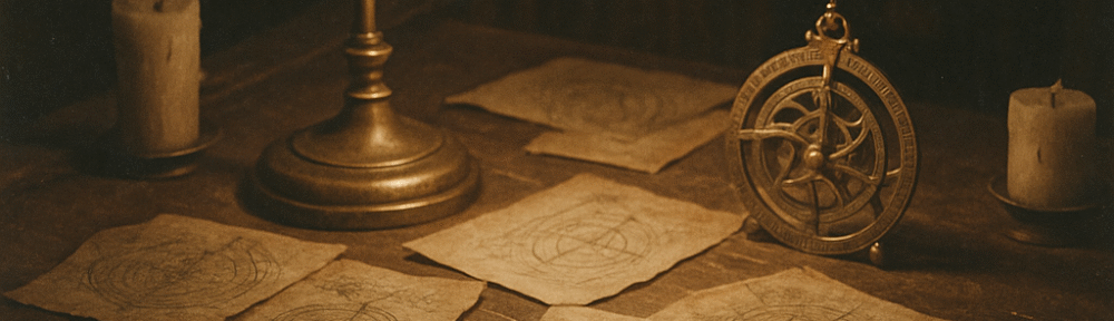Sepia-toned panoramic photograph of a towering, gothic university hall lined with ancient bookshelves, arcane artifacts in glass cases, and shafts of diffused light cutting through high arched windows, evoking an atmosphere of academic mystery.