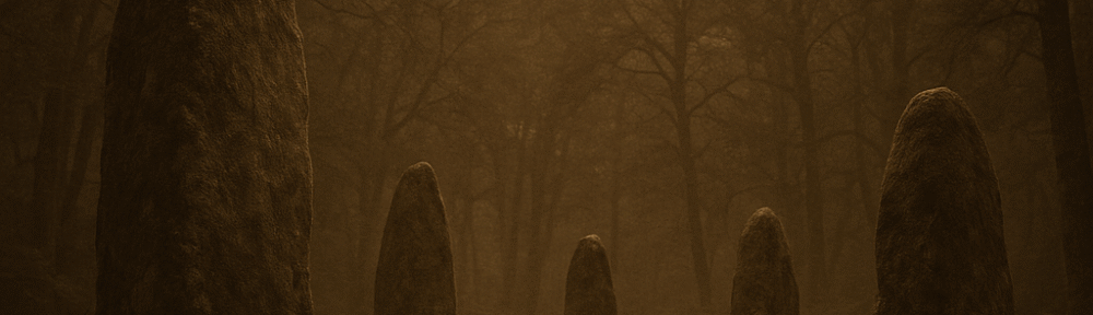 A shadowed, ancient forest clearing at twilight with moss-covered standing stones arranged in a subtle circular formation. Wisps of ground mist drift between the stones. A sense of solemn antiquity pervades the scene.