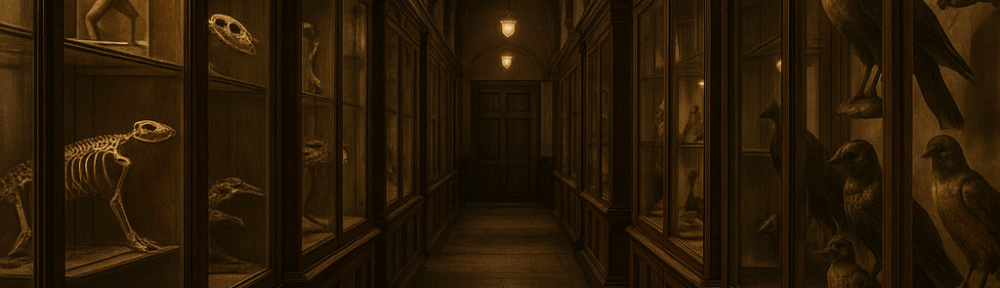 Sepia-toned, atmospheric university zoology lecture hall with specimen jars of fish, reptiles, and birds on polished wood tables under dim lamps. Shelves surround the space, filled with glass-preserved vertebrates and fossilized skulls. Large windows let in subdued, moody light, evoking antiquity and cosmic mystery.