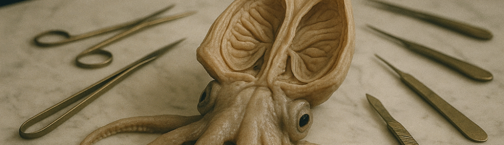 Close focus on a marble slab with an open preserved animal specimen surrounded by aged brass dissection instruments.