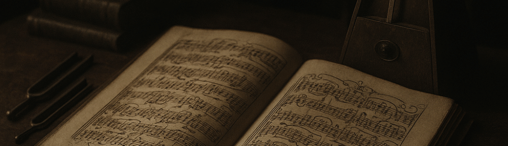 Square composition of a weathered wooden table in a dim study, displaying an open vintage score, ornate sheet music, peculiar tuning forks, and a curious, age-darkened metronome under soft, indirect light.