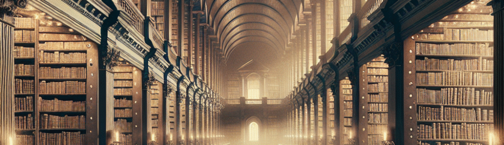 An atmospheric interior of a vast library with high, vaulted ceilings, towering bookshelves packed with ancient tomes, and a central reading table beneath a grand, old chandelier. No people visible.